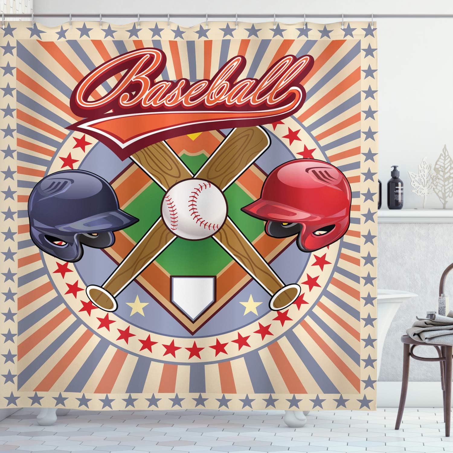 Ambesonne Baseball Shower Curtain, A Retro Pop Art Baseball Logo with a Vertical Striped Setting Bat and Ball Game Print of Art, Fabric Bathroom Decor Set with Hooks, 69" W x 70" L, Orange Bluegrey