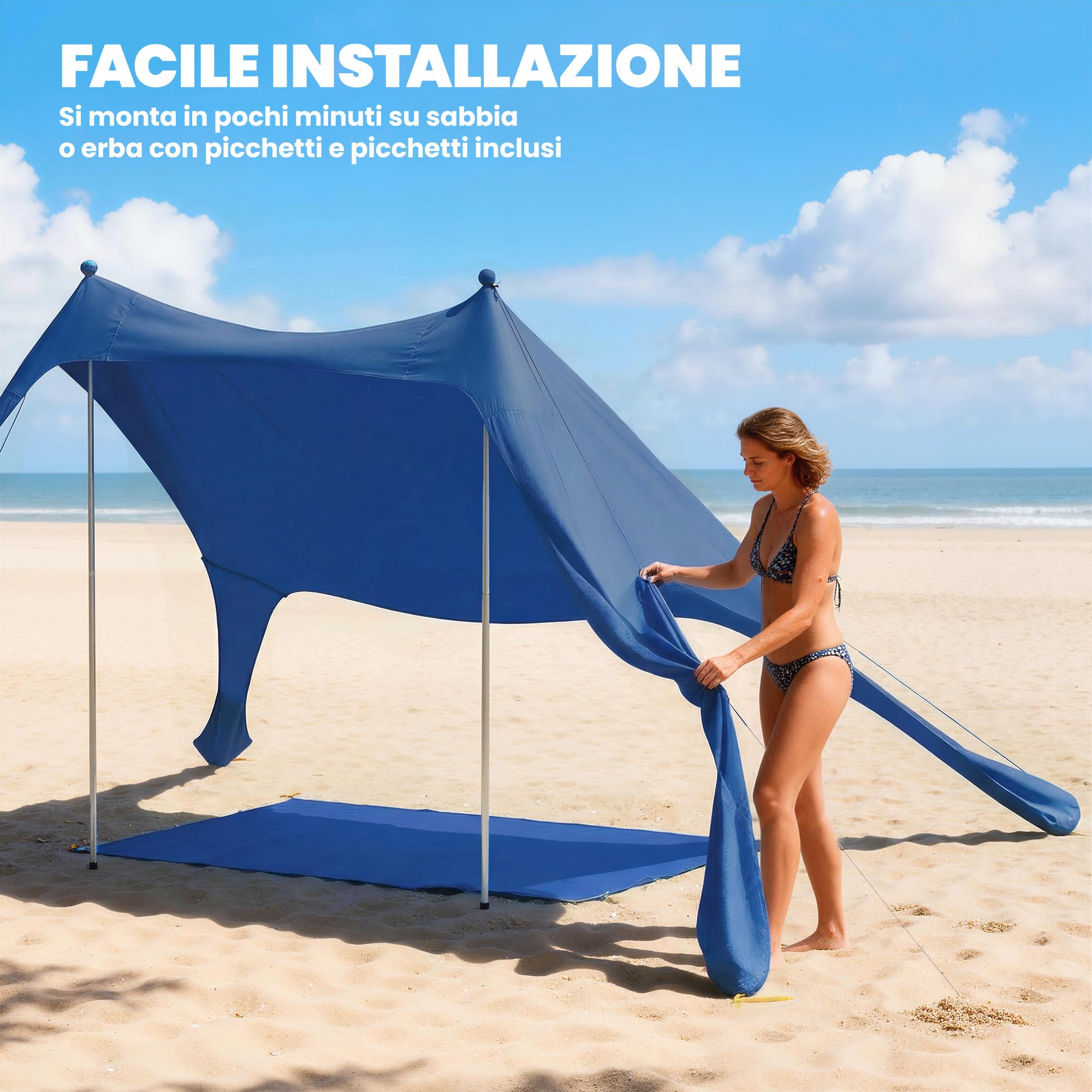 Outsunny Tenda da Spiaggia per 2-4 Persone, Tenda Mare con Tappetino e Pala, Protezione Solare UPF50+, Pali in Alluminio e Picchetti, Resistente al Vento, 200x208x200 cm