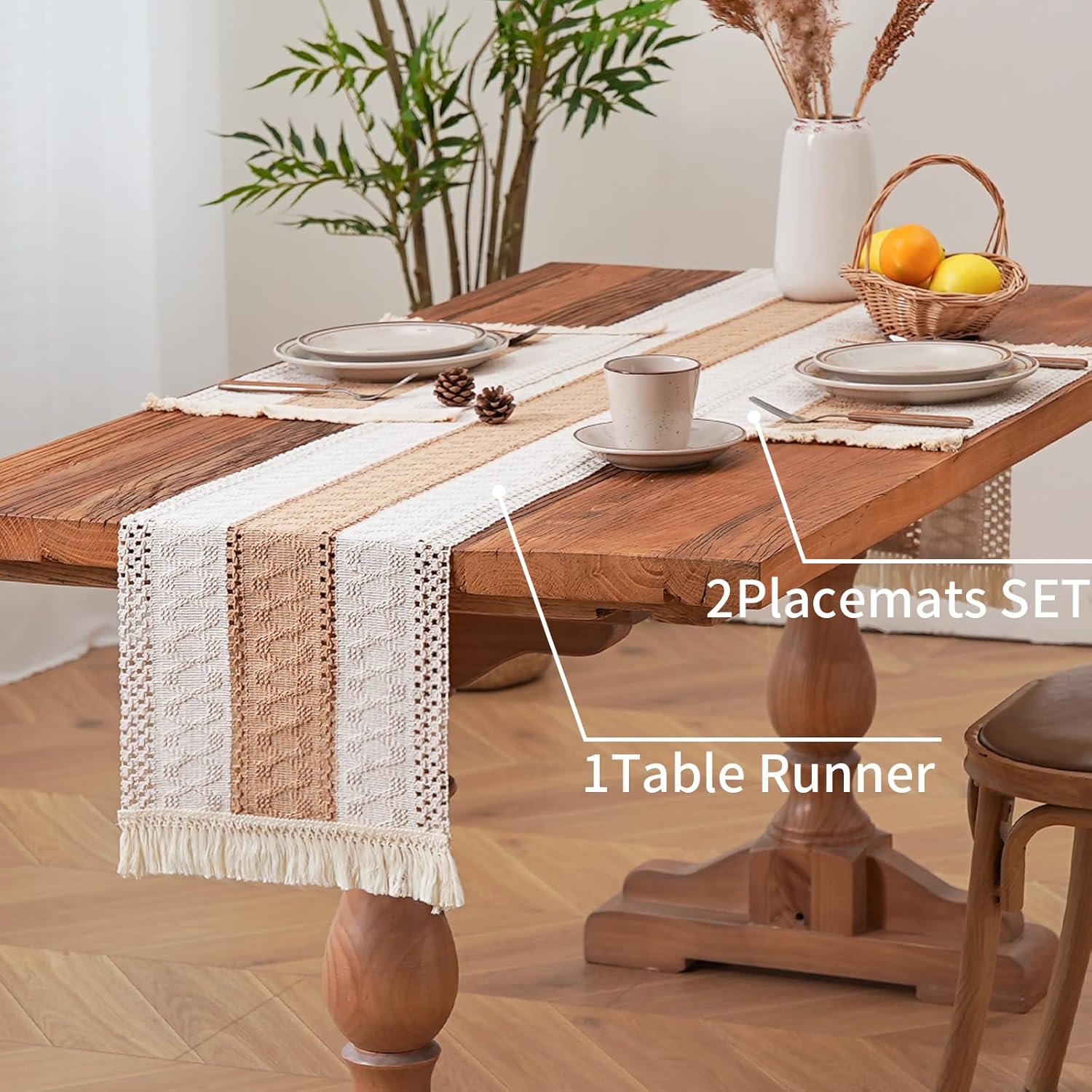 Boho Table Runner for Home Decor with Tassels & 2 Placemats Set-72 Inch Cream & Brown Macrame Runner for Dining & Bedroom Baby Bridal Shower Decor(12x72 Inches)
