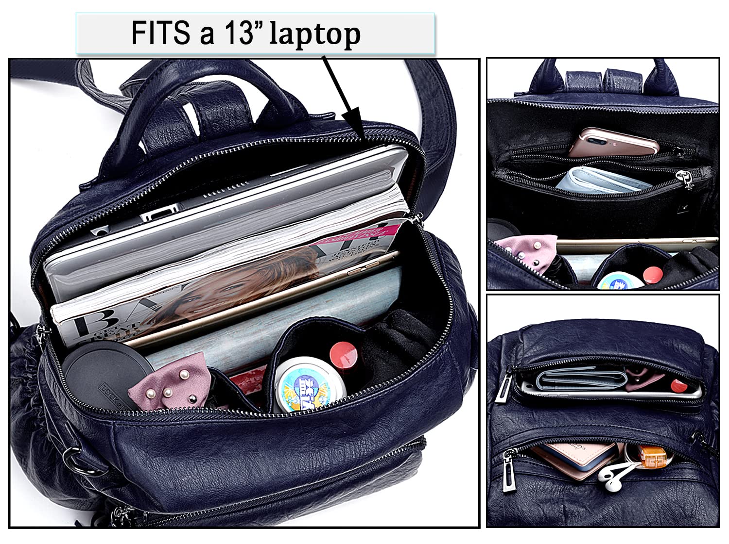UTO Femme Sac porté Dos Anti-Vol Sac à Main porté épaule Glands Multi Compartiment PU Cuir lavé - 3