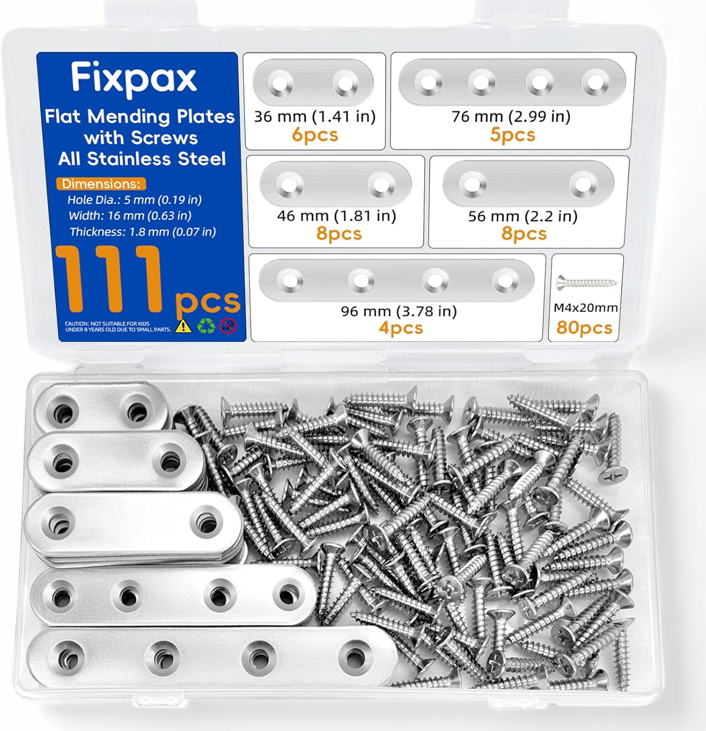 111PCS 5 Sizes Flat Mending Plates for Wood Metal Brace Bracket Stainless Steel Straight Wood Brackets with Screw Holes 1.4"/1.8"/2.2"/3.0"/3.8" inch(Silver)