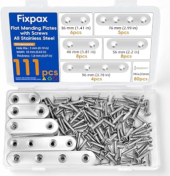 111PCS 5 Sizes Flat Mending Plates for Wood Metal Brace Bracket Stainless Steel Straight Wood Brackets with Screw Holes 1.4"/1.8"/2.2"/3.0"/3.8" inchSilver