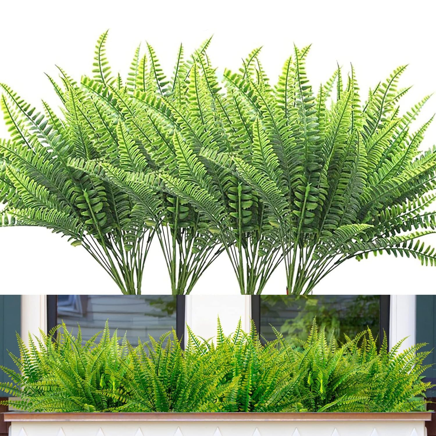Titifeya 8 Bundles Artificial Boston Ferns Outdoor UV Resistant Fake Fern Plants Plastic Lifelike Greenery for Home Garden Porch Window Box Decor