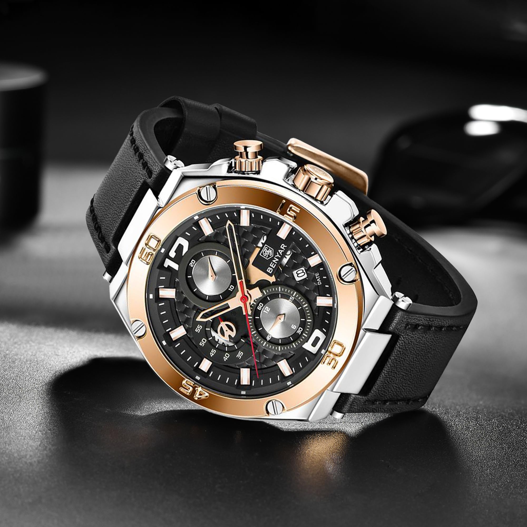 BENYAR BY Herrenuhr Uhren Herren Wasserdicht Herrenuhren Chronograph männer Armbanduhr für Herren Gold/Silber/Blau/Schwarz Eleganz Lederarmband/Edelstahl Quarz Geburtstags/Weihnachts