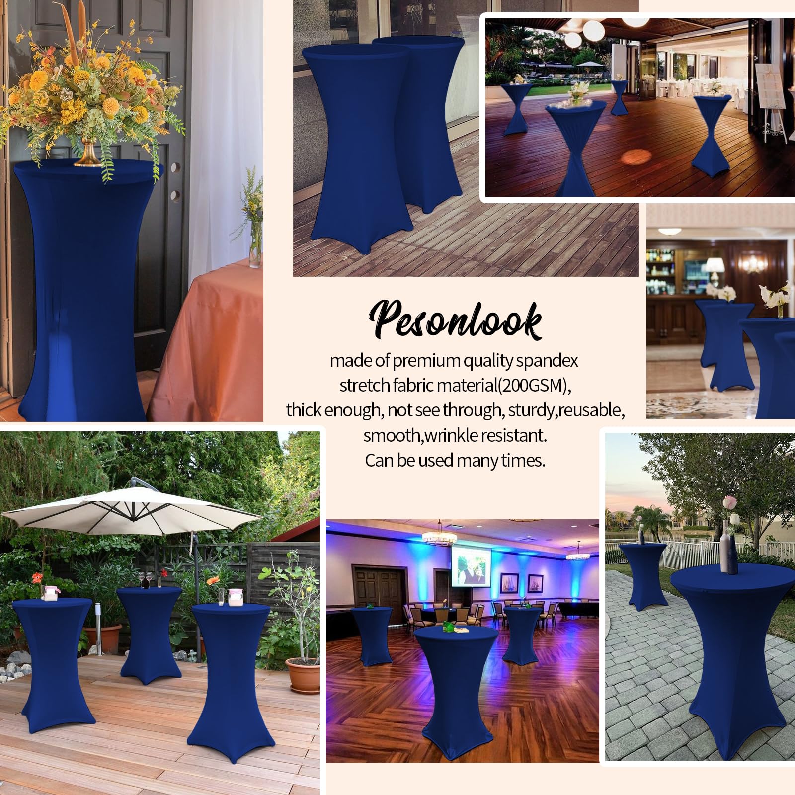 Paquete de 6 manteles elásticos de elastano con esquinas cuadradas de 80 x 110 cm, ajustables para mesa alta, resistentes al agua, mantel redondo para bar, boda, cóctel, fiesta, banquete (azul marino)