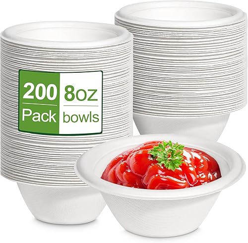 Grocyle - Cuencos de papel compostables pequeños de 8 onzas, paquete de 200 cuencos de bagazo blanco biodegradables para condimentos, salsa, helado,