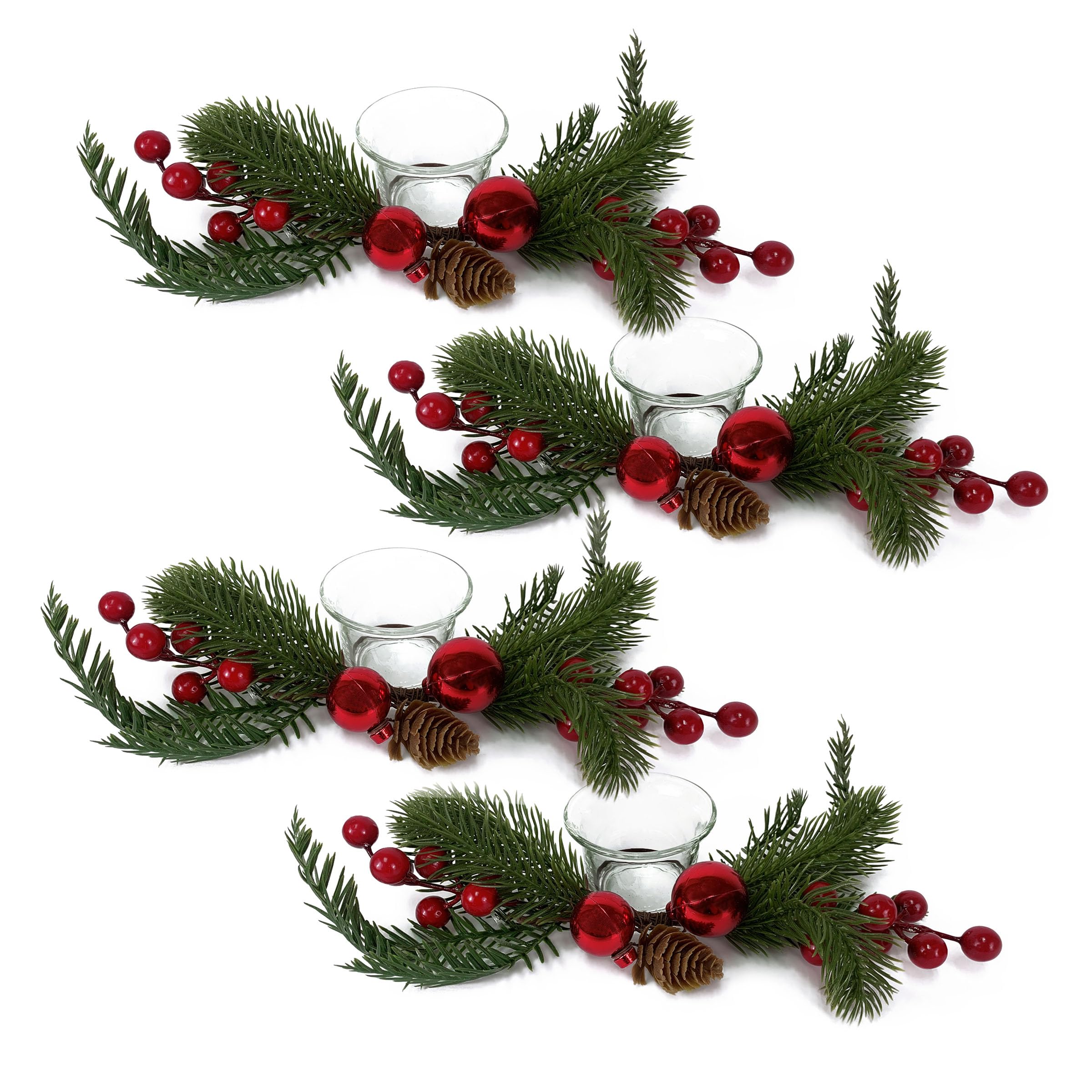 TIENDA EURASIA – Portavelas con Pino y Bayas | Pack de 4 Uds | Decoracion Navidad | Incluye Vaso de Cristal de 6cm Diámetro | Color Rojo, Verde y Marrón | Medidas 28x10x5 cm | Portavelas Navideño