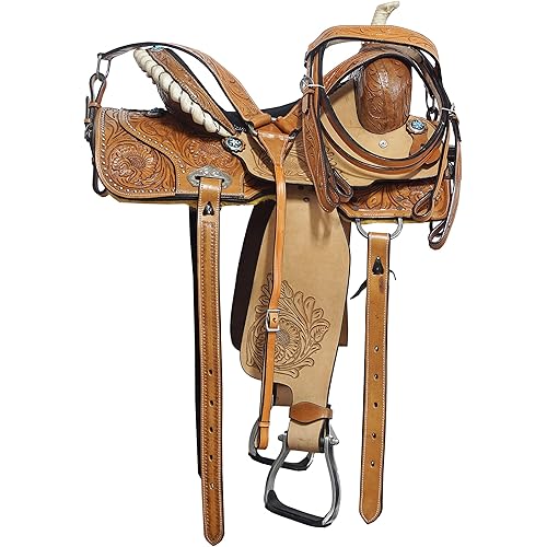 Premium Western Leather Barrel Racing Horse Saddle Tack with Matching Headstall, Breast Collar, Reins Size 14" to 18" Inches Seat. WSTBRL01