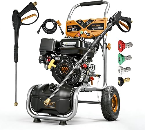 Lavadora a presión de gas, 3500 PSI 2.3 GPM, lavadora de gas con manguera de 25 pies, 4 boquillas de conexión rápida, tanque de jabón a bordo, 209CC