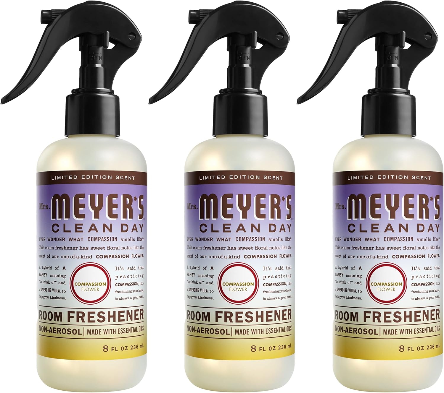 Mrs. Meyer's Room and Air Freshener Spray, Non-Aerosol Spray Bottle Infused with Essential Oils, Compassion Flower, 8 fl. oz - Pack of 3
