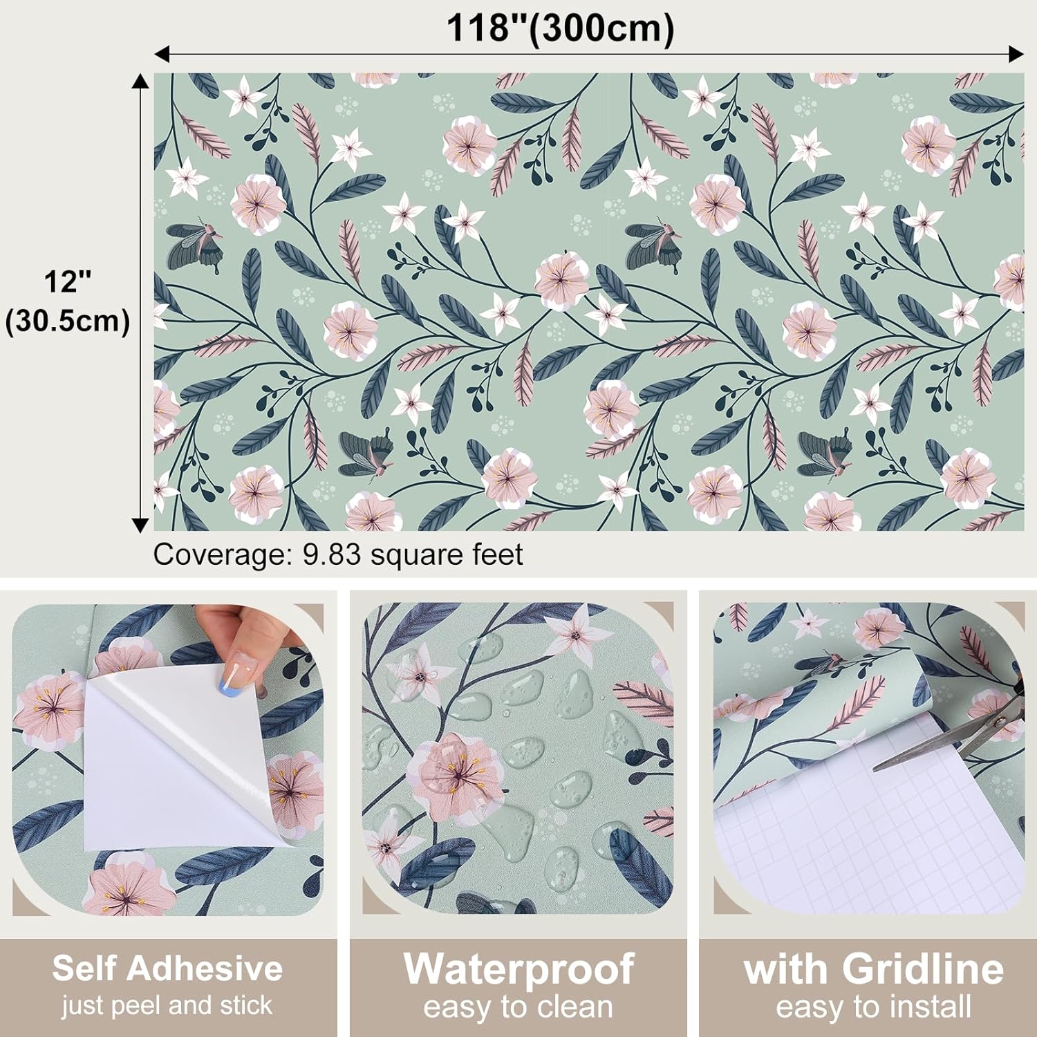 Green Pink Floral Branches Wallpaper Peel and Stick Butterfly Botanical Flower Wallpaper Decorative Floral Contact Paper for Cabinet Bedroom Sticky Removable Elegant Wall Paper 12"x118"