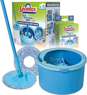 Spontex Aqua Revolution System X'tra Floor Mop and Bucket Set | Separates Clean & Dirty Water | Cleans Laminate, Wood & Tile Flooring | Flat Spin Mop with 2 x Microfibre Mop Head Refills