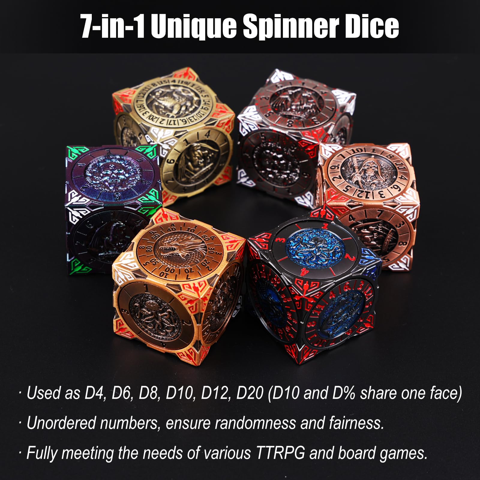 Magic The Gathering 2025 Nouveaux Dés Toupie DND, Ensemble De Dés Métalliques 7-en-1 Avec Relief 3D, Dés Polyédriques Pour Jeux De Rôle Donjons Et Dragons, Accessoires D&D Pour MJ Et Joueurs (Bleu