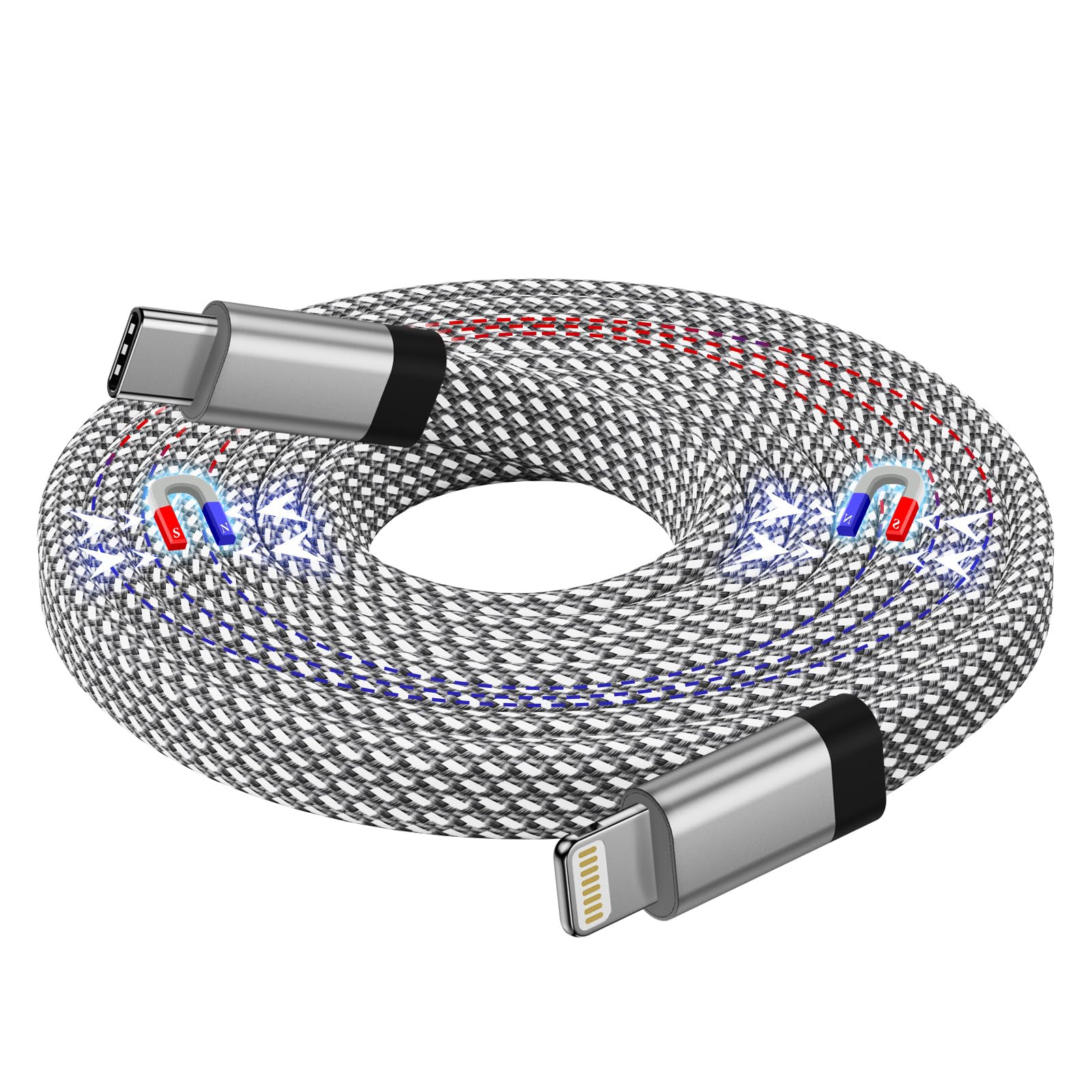 Magtame Magnetisches USB-C-auf-Lightning-Kabel, 1,5 m, geflochtenes Nylon, MFi-zertifiziert, kompatibel mit iPhone 14/13/12/11 Pro Max/XS MAX/XR/XS/X/8 SE, flach, gewickeltes iPhone-Ladekabel für Auto