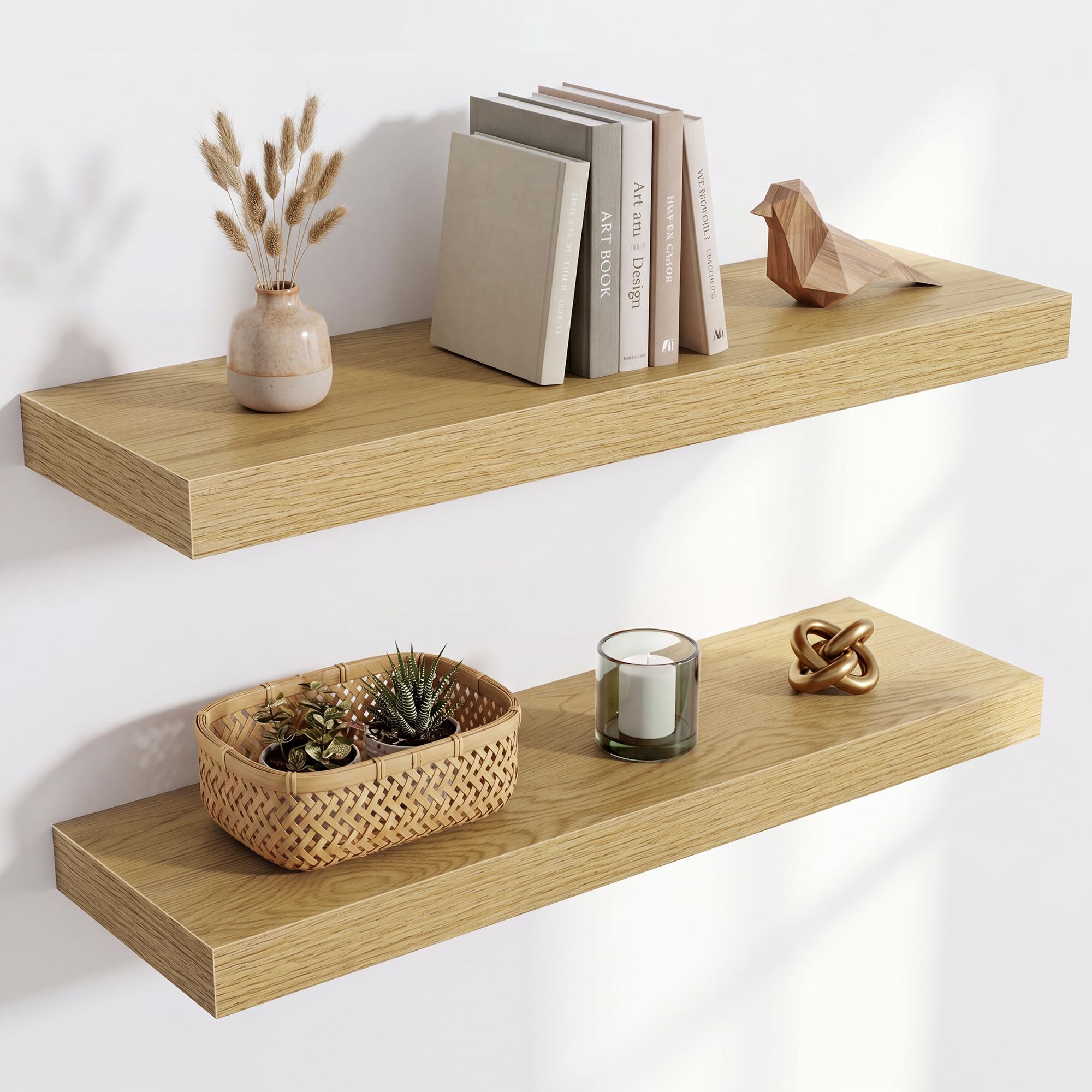 Acovy Floating Shelves for Wall, Extra Thick 60cm Long Wooden Wall Mounted Shelf, Wall Shelves for Living Room Bathroom Bedroom Kitchen, Oak, Set of 2 โ image 1