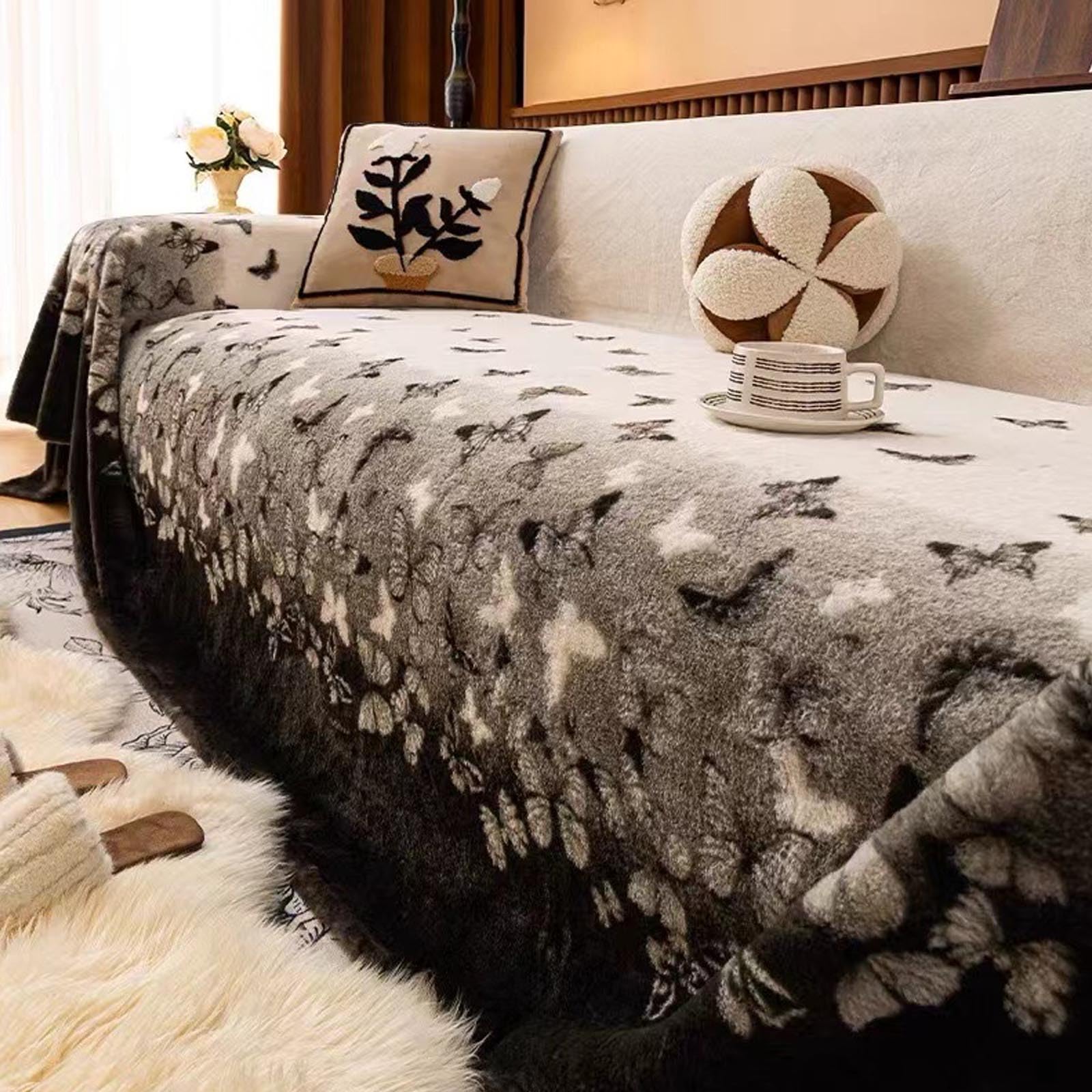 Fodera Per Divano Di Lusso In Peluche Di Coniglio, Fodera Spessa Con Drappeggio Naturale, Tessuto Jacquard Lavabile Componibile, Poltrona Reclinabile, Divanetto, Decorazio black 180*200cm/70.9*78.7in