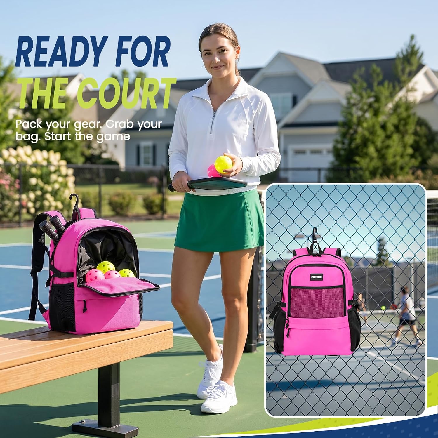 Pickleball Bag Men Women W/Shoe Compartment Fence Hook | 2 Paddle Pockets, Tumbler Pocket, 30L Capacity, Adjustable Straps, Breathable Back Panel & Multiple Storage Pockets