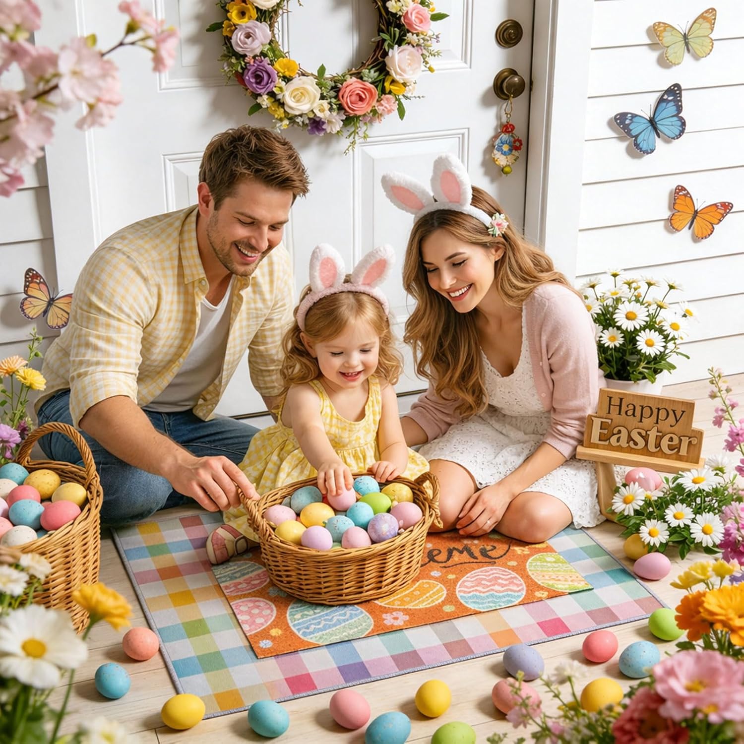 2pcs Easter Doormat Set, Layered Easter Egg Welcome Mat with Colorful Checkered Outdoor Rug, Non-Slip Front Door Mats for Indoor Outdoor Porch Entryway, Spring Easter Front Porch Decor(Easter Egg)
