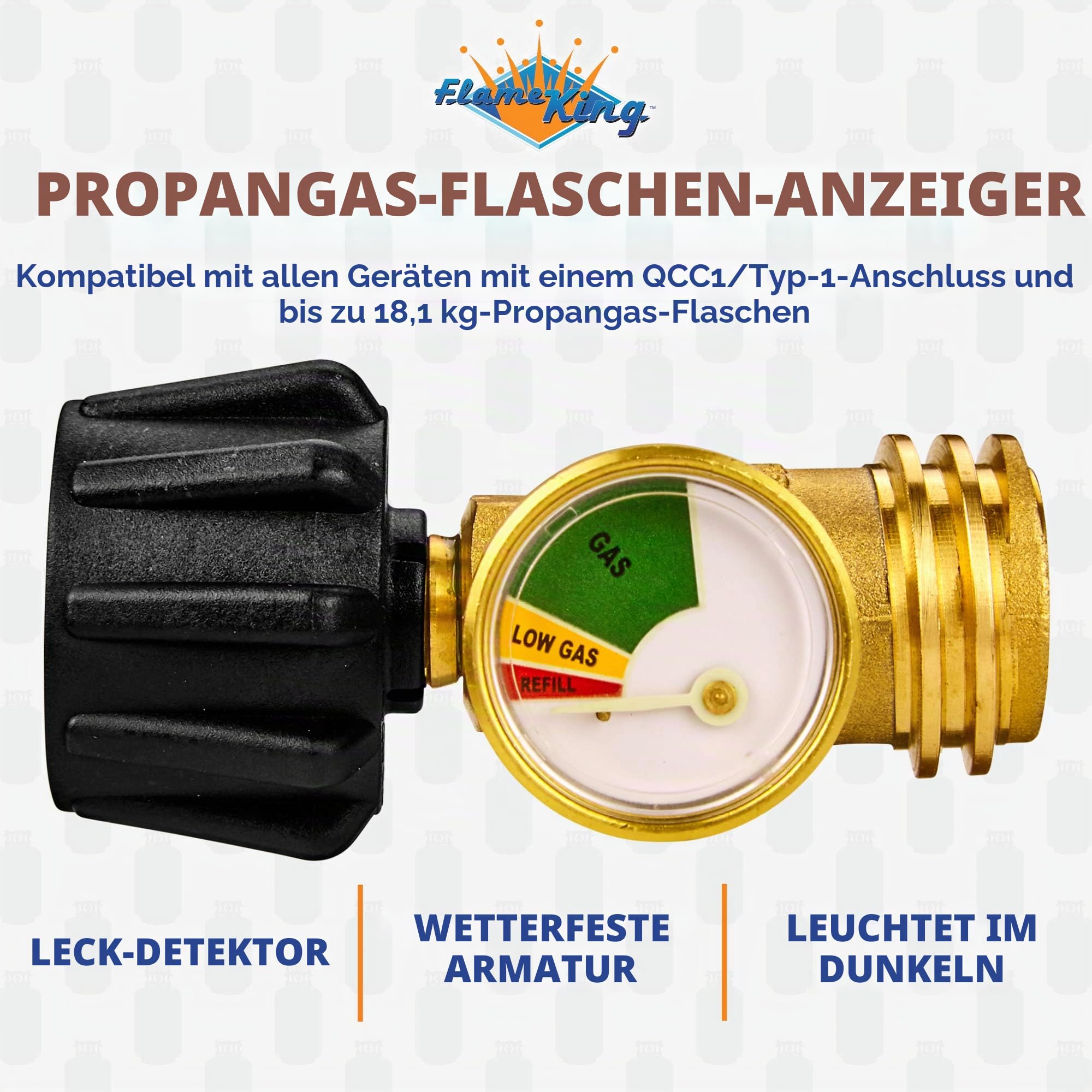 Flame King Propan-Tank-Messgerät, Füllstandsanzeige, Leckdetektor, Gasdruckmesser, farbkodiert und leuchtet im Dunkeln, universell für Zylinder, BBQ-Gasgrill, Wohnmobil, Heizung und mehr Geräte,