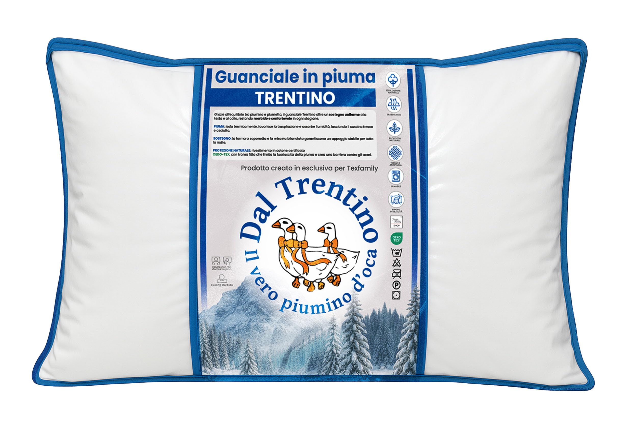 Tex family Cuscino in Piuma d'Oca Trentino 50x80 cm 1000 g – Guanciale Letto Morbido Sostegno Medio – Cotone Twill Anallergico Antipiuma OEKO-TEX – Prodotto Dal Trentino