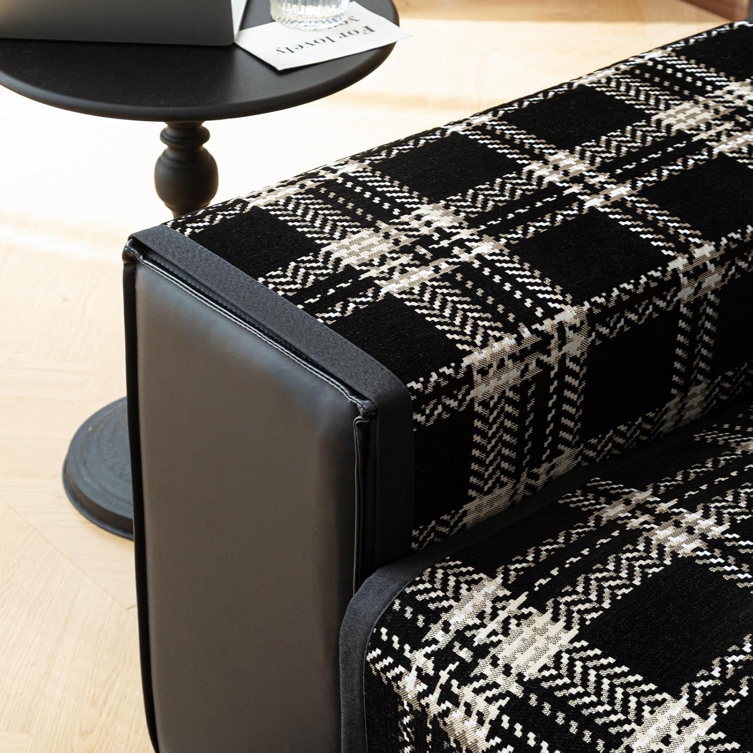 VOGOL Black Plaid Sofa Throw Pad, 27x27 Inch Decorative Chenille Couch Cover for Armrest or Backrest, Non Slip Pet Friendly Washable Furniture Protector, 1 Piece