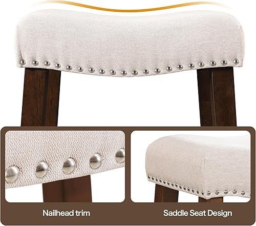 Miniatura 4 de Taburetes de bar de 26 pulgadas de altura de mostrador, modernos taburetes de cocina sin espalda con reposapiés, patas de madera maciza y cojín de