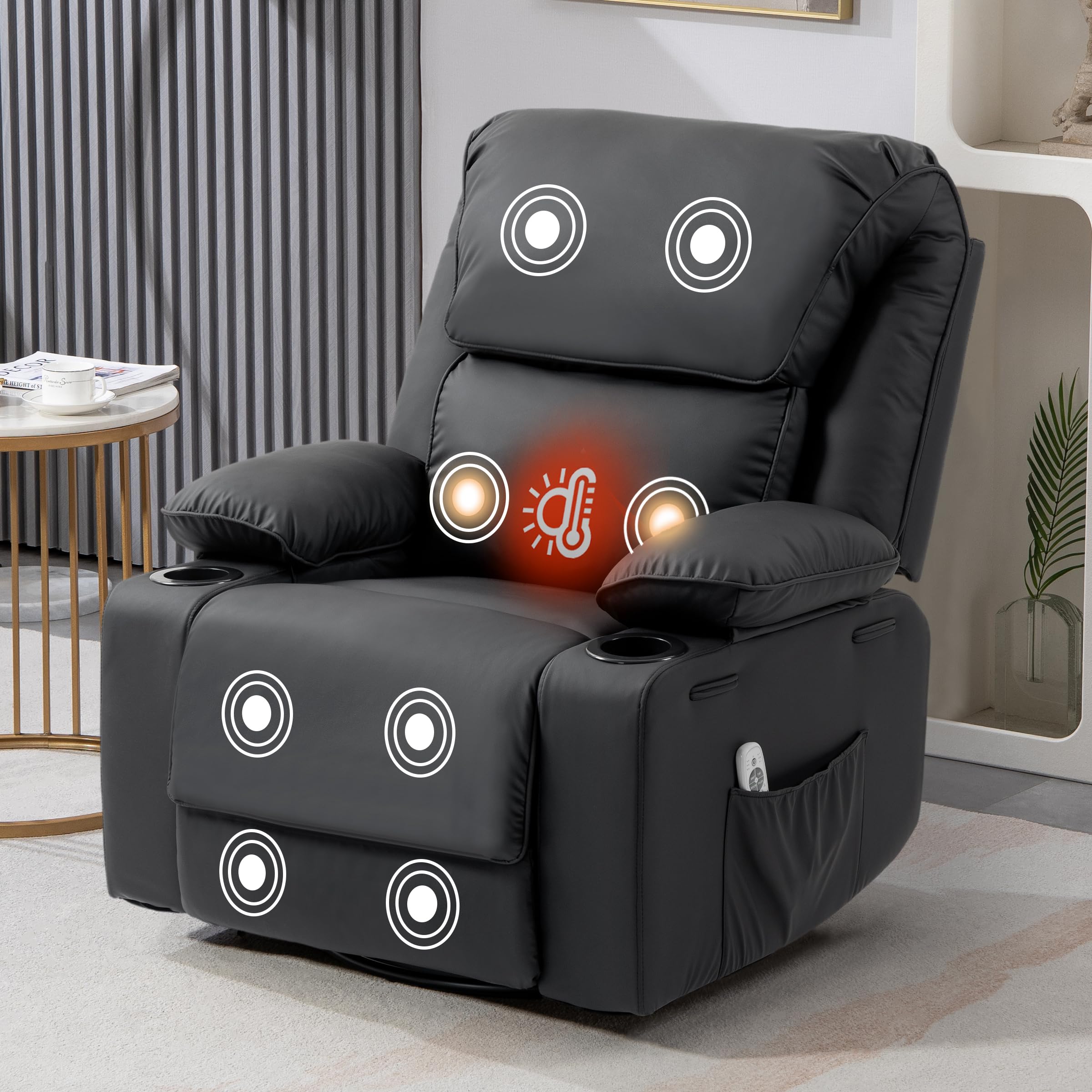 Recliner Chair with Massage& Heat Extended Footrest Armchair Padded Seat Manual Adjustable Legrest and Backrest with Cup Holders for Living Room Bedroom Home Cafe 360° Swivel, Rocking Function