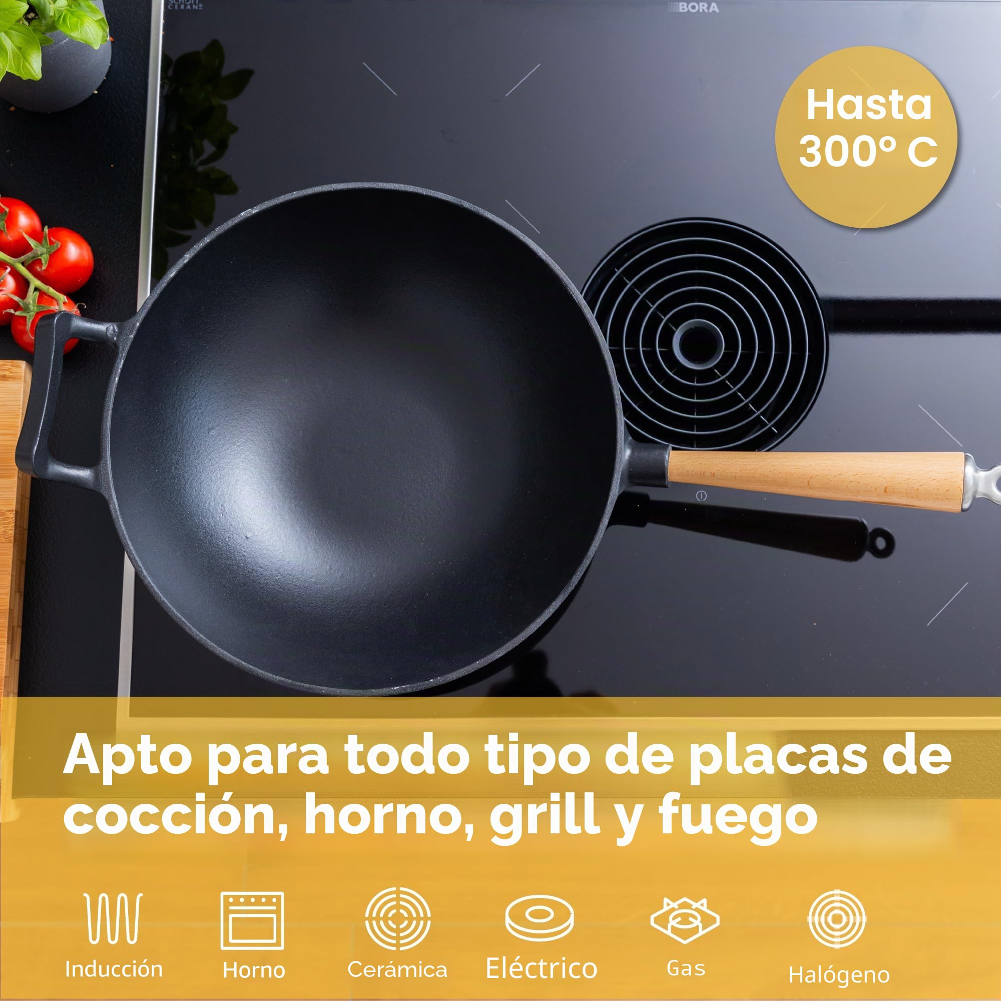 Wok de hierro fundido con revestimiento esmaltado, sartén antiadherente con mango de madera desmontable, utensilios de cocina, sartén de hierro fundido, wok antiadherente, 28 cm de diámetro
