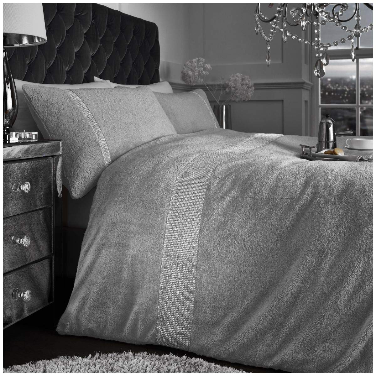 Gc Gaveno Cavailia Grey Premium Soft Teddy Sparkle Arcade Duvet Cover, Easycare Fluffy Fleece Bedding Quilt Set & Pillowcases, Double
