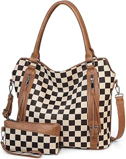 Bycobecy Large Hobo Bags for Women Checkered Leather Shoulder Tote Bag Ladies Crossbody Handbag Purses with a Wristless Wallet