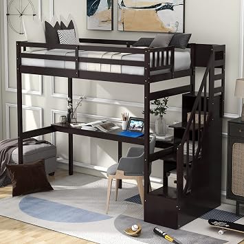 RUNNA Functional Loft Bed with Built-in Desk and Storage Staircase,Wooden Twin Size Loft Bed with Safety Guardrails,for Kids Boys Girls Teens Adults Bedroom Use Espresso@G