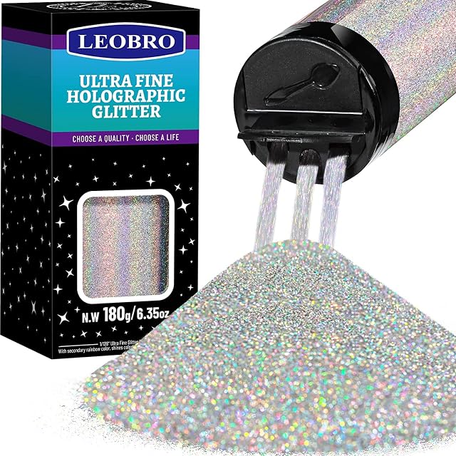 180G/6.35OZ Holographic Ultra Fine Glitter, 1/128" Resin Glitter Powder Sequins Flakes, Hair Face Body Nail Glitter, LEOBRO Metallic Iridescent Glitter for Resin Tumblers Art Crafts, Silver Glitter