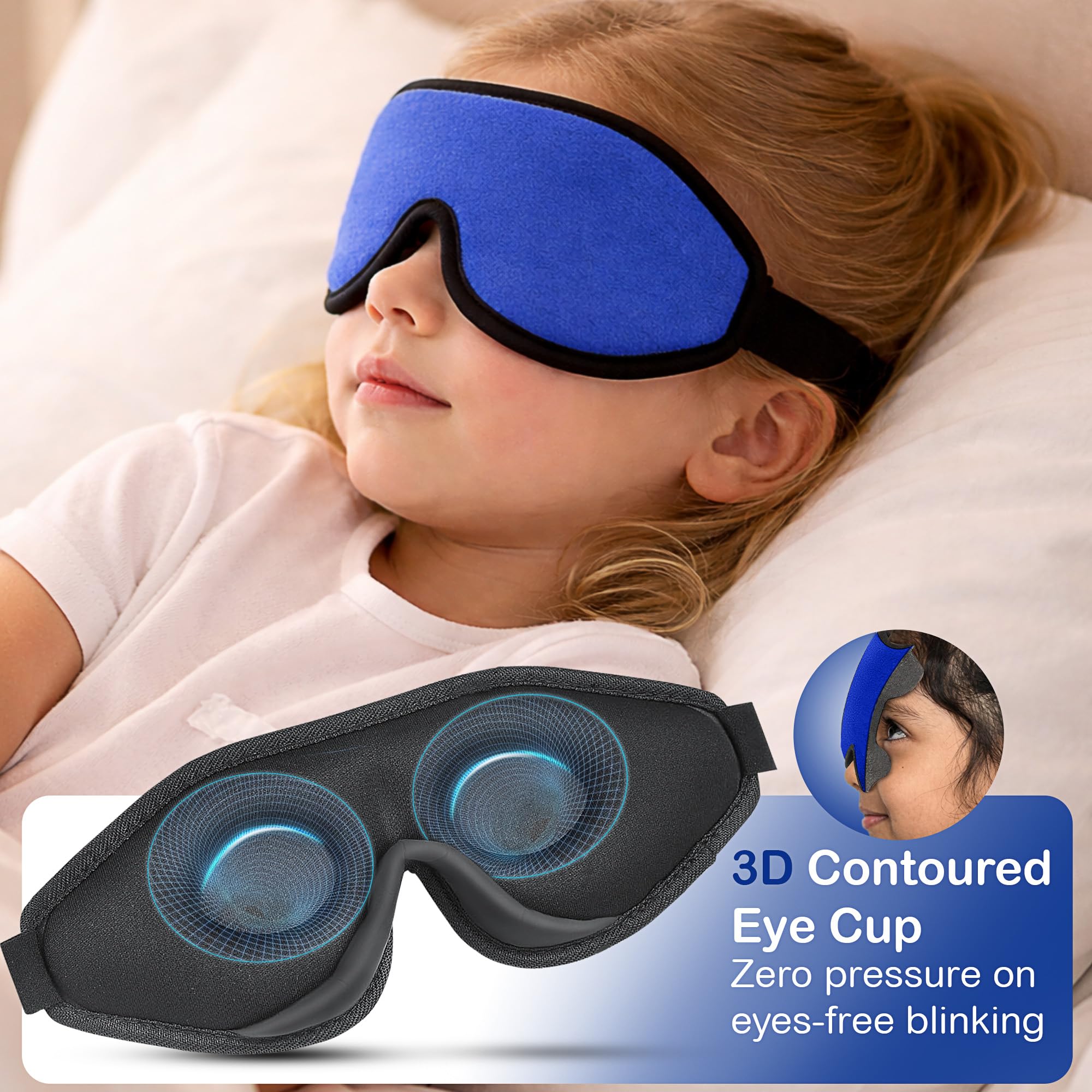 Schlafmaske für Kinder mit Blockout-Licht – Memory-Schaum 3D konturierte Augenmaske – Augenabdeckung & Reise-Schlafmaske, Augenbinde für Kinder, Mädchen, Jungen (Dark Blue)