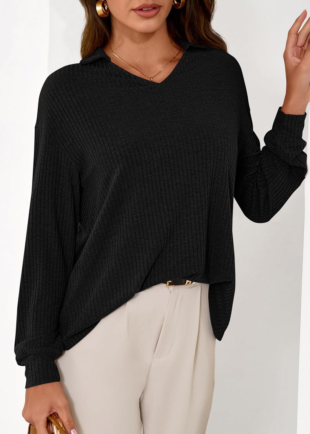 KIRUNDO Long Sleeve Shirts for Women 2025 Fall Fashion Outfits Going Out Tops Collar V Neck Blouses Ribbed Knit Loose Tunic - Image 6