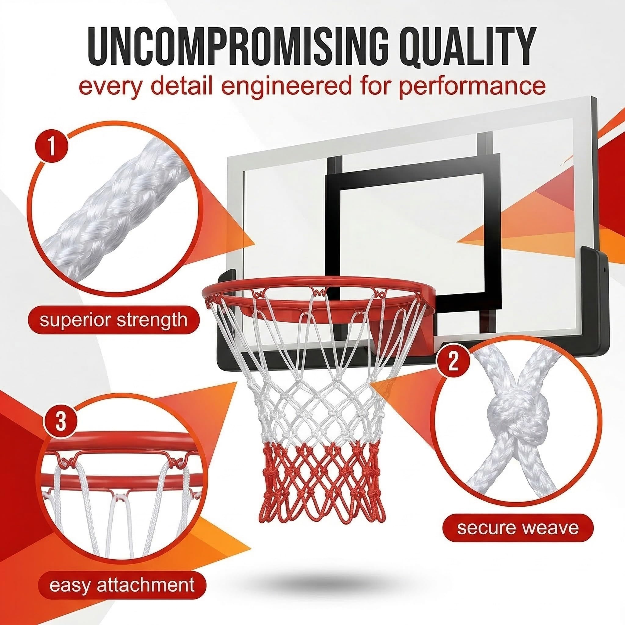 2 Pezzi Rete da Basket Professionale, Retina Canestro Anti-Groviglio in Poliestere, Resistente alle Intemperie, Bianco e Rosso, Accessori Basket Standard