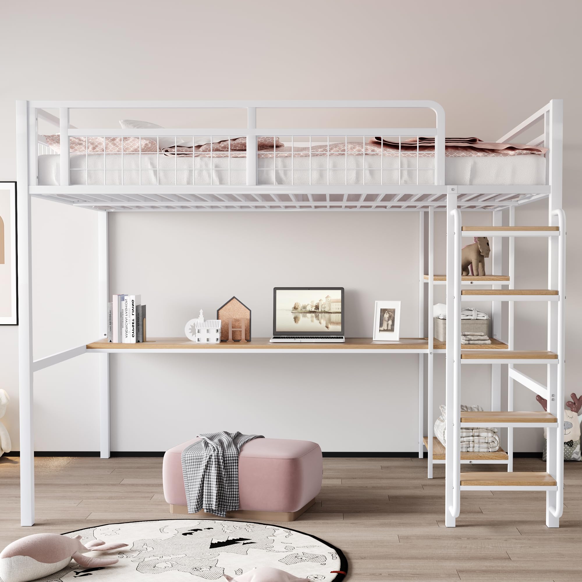 Cama alta de metal de 140 x 200 cm, escalera de seguridad con escalera, cuna con mesa y estante, cama para adultos, valla de seguridad de malla metálica (blanco, 140 x 200 cm)