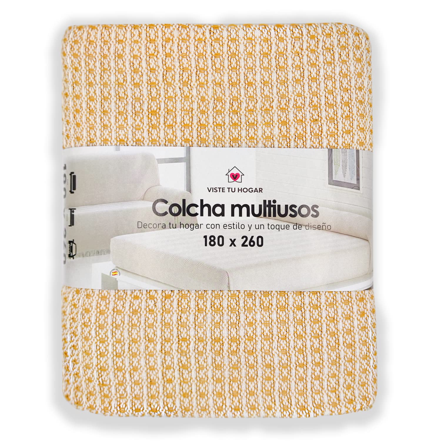Viste tu hogar 180x260cm Colcha 100% Algodón Extra Suave para Cama 80/90, Colcha Multiuso para Sofa y Cama, Manta Sofá, Cubre sofá, Plaid Sofa, Plaid Cama - Mostaza