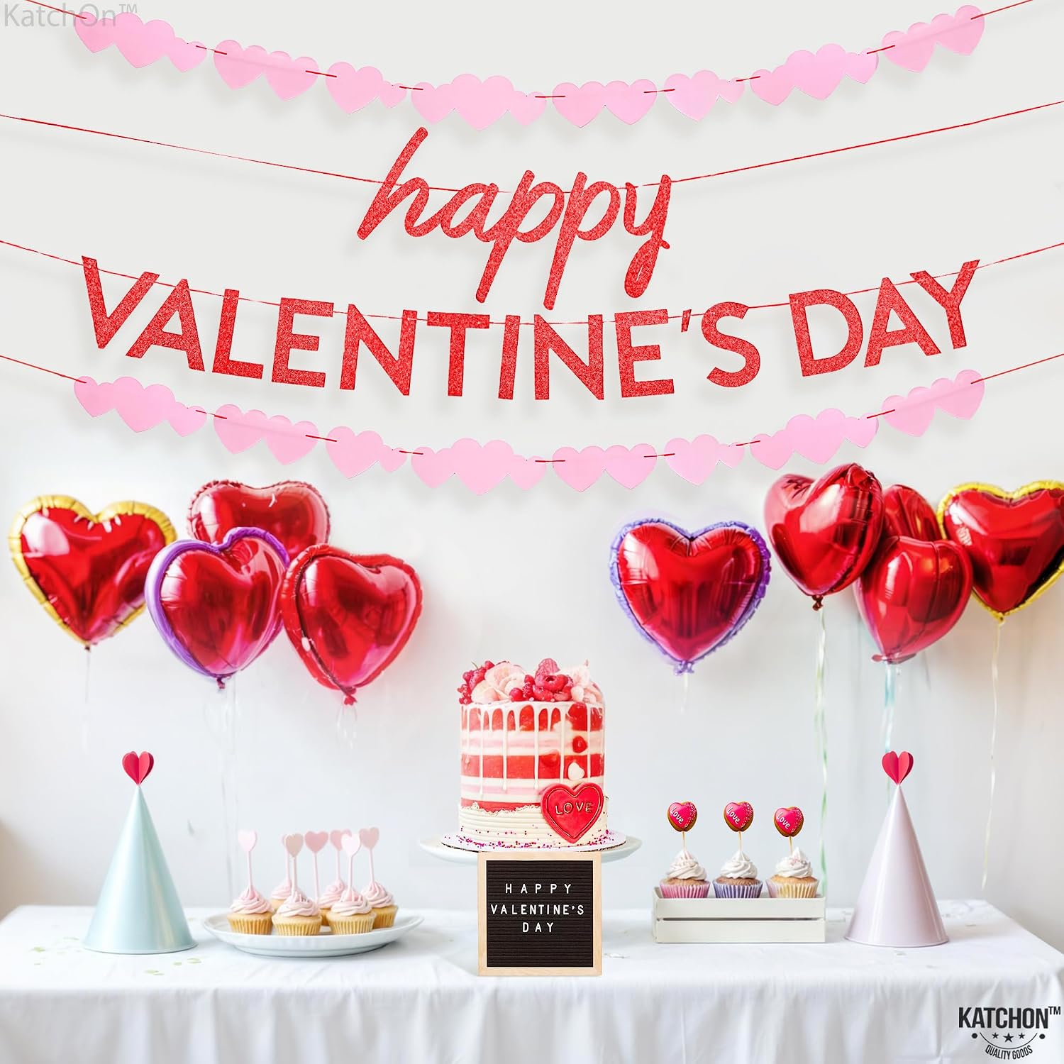 KatchOn, Glitter Happy Valentines Day Banner - 10 Feet, Pre Strung | Valentines Banner, Valentines Garland for Mantle | Red Pink Heart Garland for Valentines Day Decorations