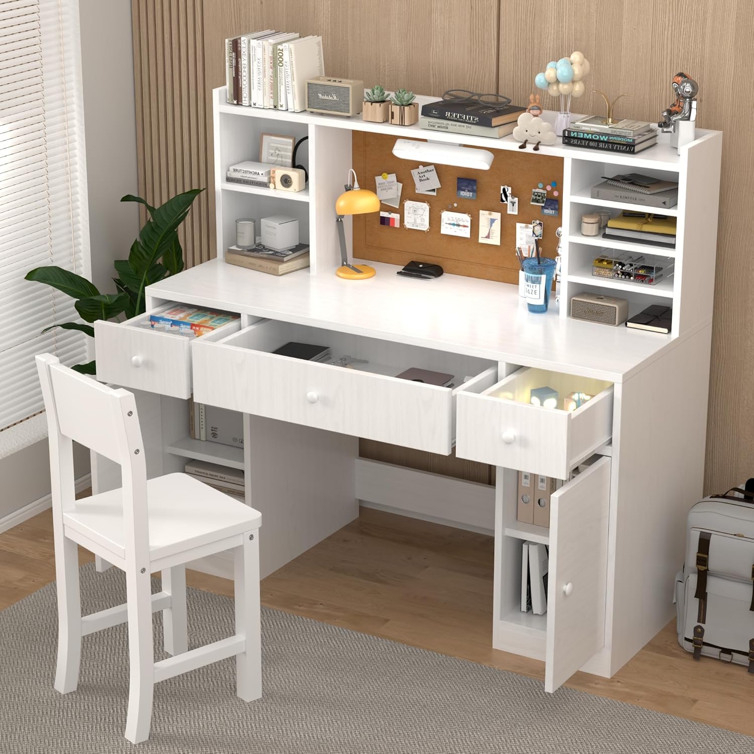 White Wooden Kids Study Desk and Chair Set, Childrens Desk with Light, 3 Drawers, 4 Storage Cabinets and Shelves, Boys & Girls Study Desk for Bedroom and Kidsroom
