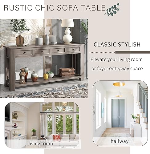 Miniatura 3 de Merax Mesa consola de entrada de granja con 4 cajones de almacenamiento, mesa de pasillo larga con estante de almacenamiento, mesa de sofá de 63