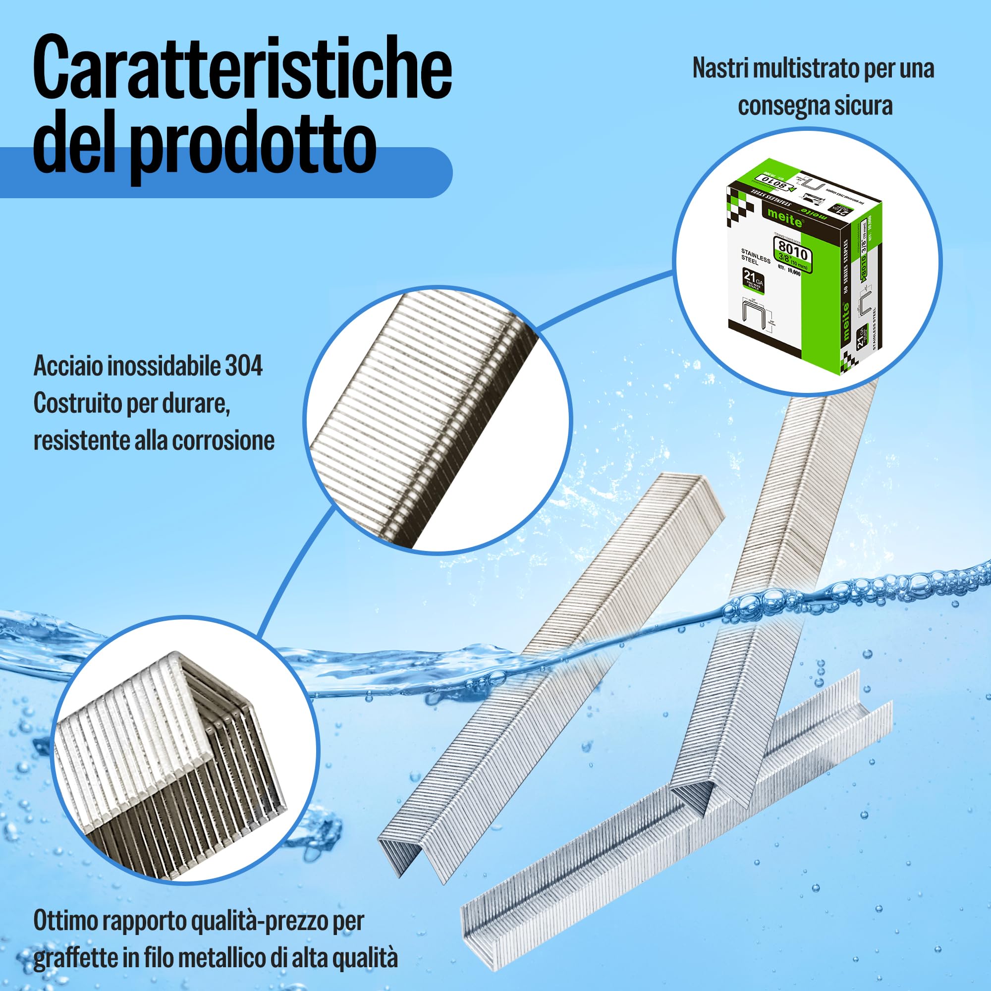 meite Graffette Type 80 da 10 mm in Acciaio Inox 304, Punti Serie 80 per Pinzatrice – Ideali per Tessuti, Moquette, Scatole in Legno, Cavi e Casette – 10.000 Pezzi
