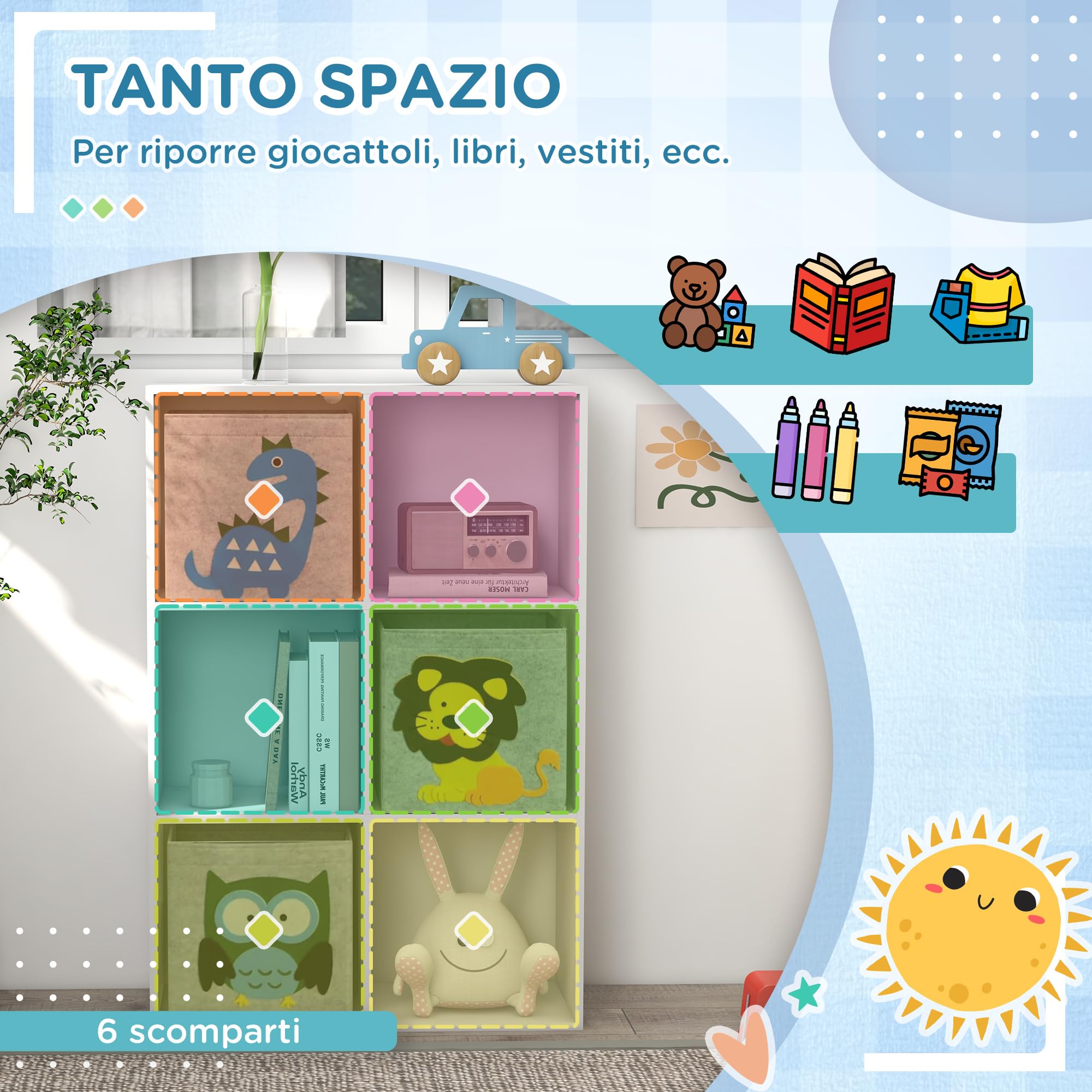 ZONEKIZ Meuble de Rangement pour Enfant, étagère pour Chambre d'enfants, bibliothèque, 6 Cases, 3 Cubes paniers en Tissu Motif Animaux pour Salle de Jeux, 62 x 30 x 91,5 cm, Blanc