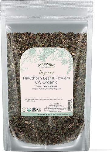 Starwest Botanicals Hojas y flores de espino orgánico – Hierba seca de hojas sueltas para té, apoyo natural de bienestar para mujeres y hombres,
