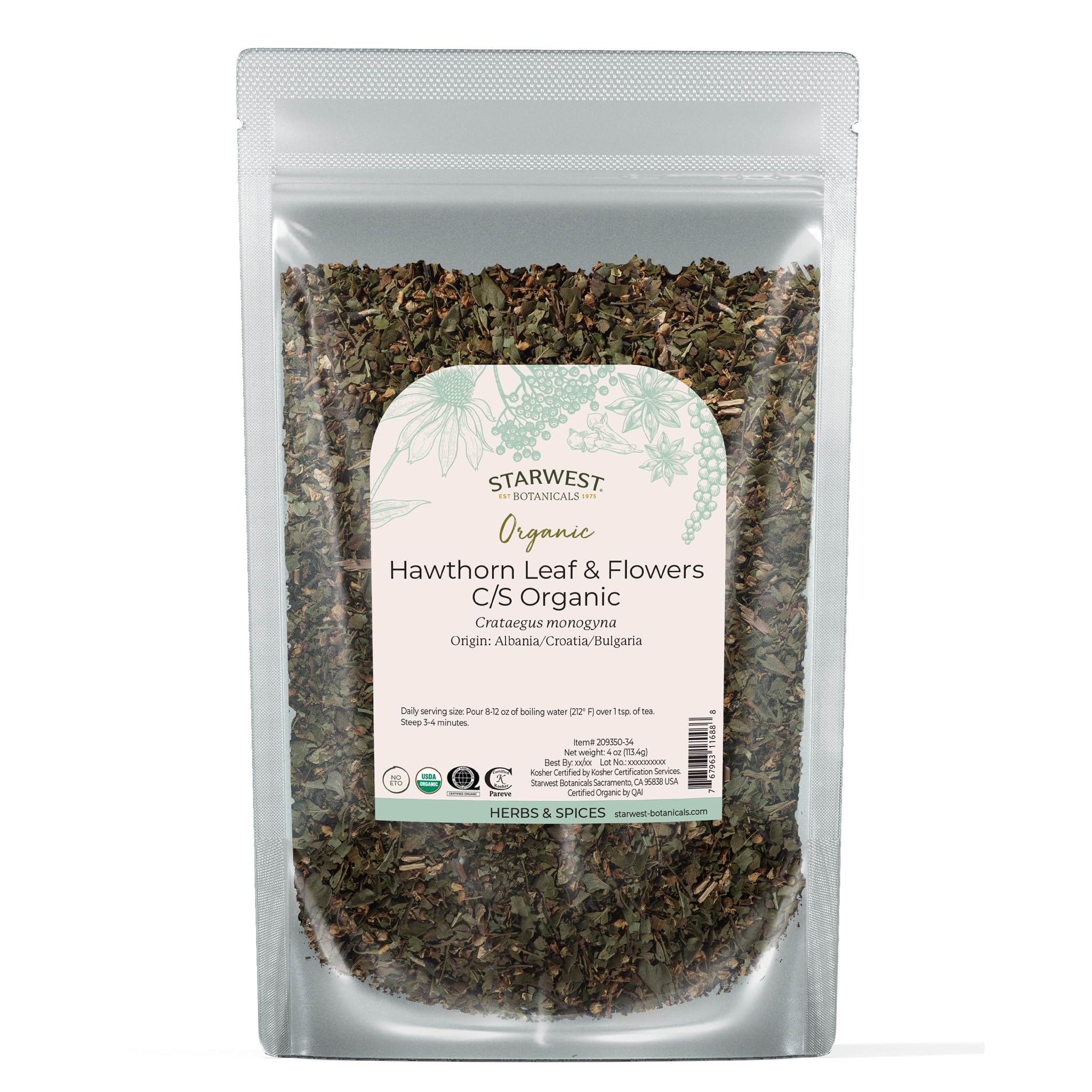 Starwest Botanicals Organic Hawthorn Leaves & Flowers - Dried Loose Leaf Herb for Tea, Natural Wellness Support for Women & Men, Cut & Sifted, Certified Kosher, Non-GMO - 4 oz Pouch