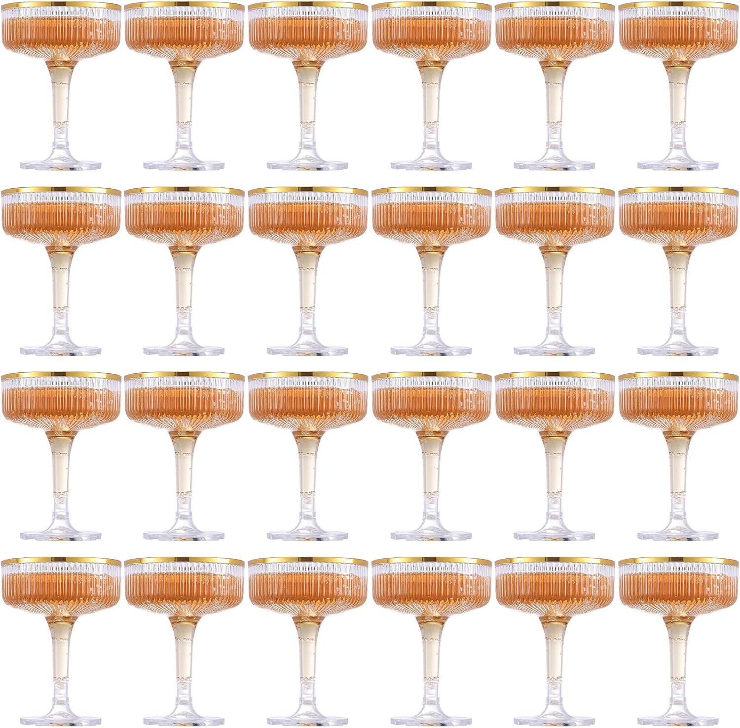 12 Pcs Plastic Champagne Coupe Glasses With Gold Rim 7 oz Champagne Tower Ribbed Martini Glasses Disposable Wine Cups Stackable Stemmed Cups for Wedding Birthday Party Bar (Clear, Gold Rim)