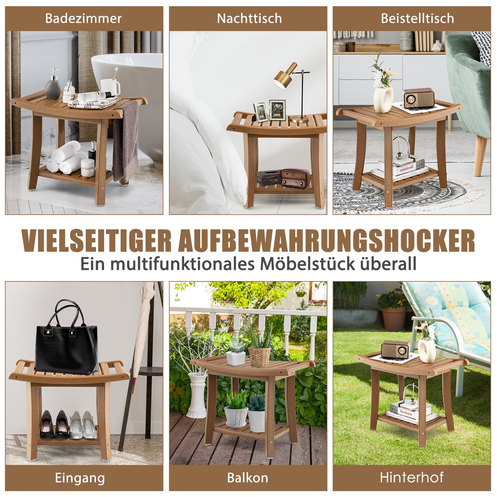 RELAX4LIFE Duschbank, Badezimmerbank mit Ablage Handtuchhalter, Badhocker mit Rutschfesten Füßen, Duschstuhl bis 150kg Belastbar, Duschsitz für Alte Schwangere, 60,5 x 34 x 45 cm (Braun)