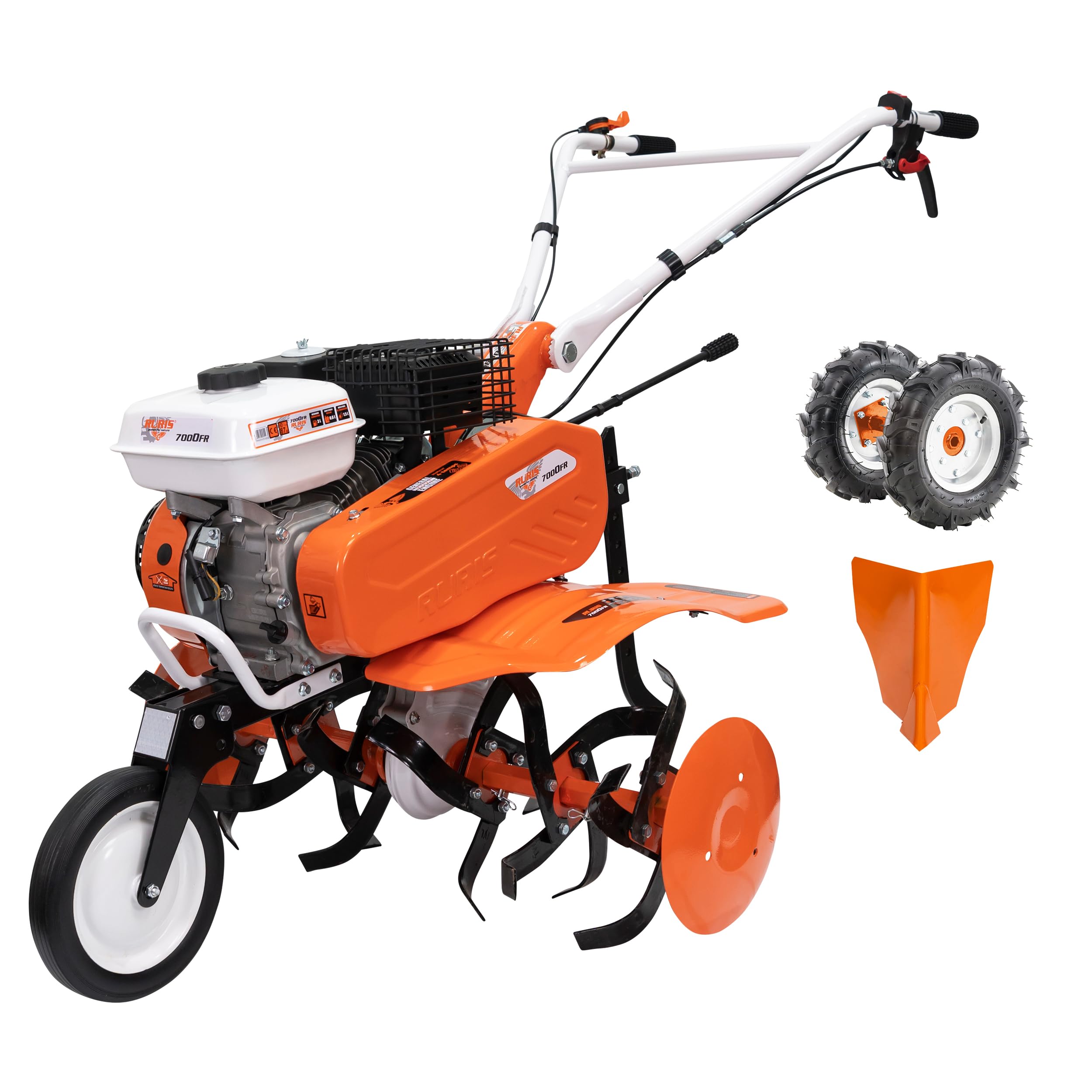RURIS POWER FOR NATURE Motobineuse 7000fr, 7 CV, 24 Fraises, Largeur de Travaille 560-830mm, guidons Ajustable + Butteur + Lot Contrepoids 10kg, Orange
