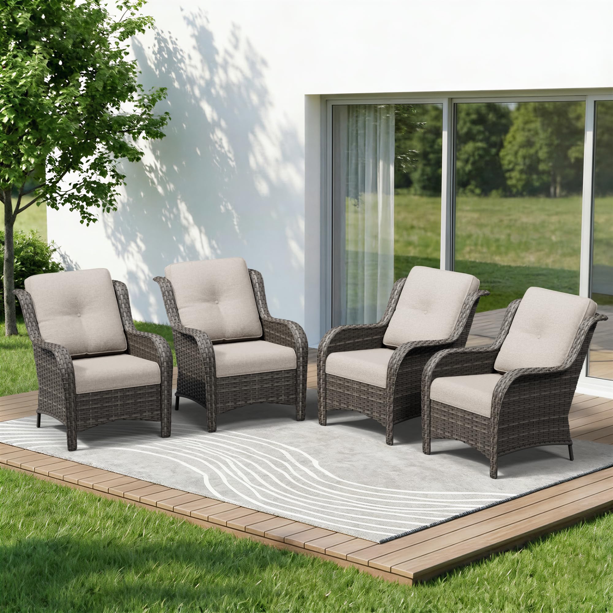 4 Piece Outdoor Wicker Patio Furniture Set, Patio Chairs Set of 4 with Thickened Olefin Cushions, High Back and Deep Seating, Hand-Woven PE Rattan for Porch, Deck, Beige