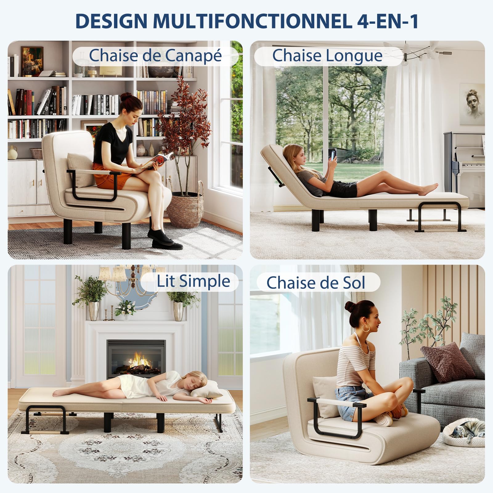 Chauffeuse Canapé-Lit 4-en-1, Chauffeuse 1 Place, Fauteuil Lit Convertible, Lit d'Appoint Chaise Longue avec Dossier Réglable en 6 Positions et Coussin pour Salon Chambre Bureau, Beige