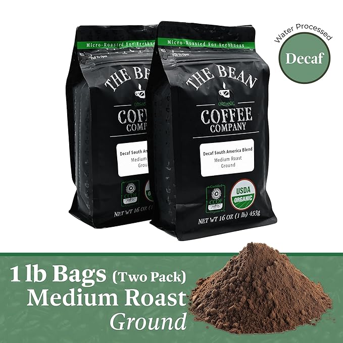 The Bean Organic Coffee Company Water Processed DECAF South America Blend is a medium roast, ground coffee made from organic beans sourced from South America. This decaffeinated coffee is 100% chemical-free, with the caffeine removed using a water processing method. The beans are roasted to a medium level to bring out the rich flavors and aromas of the South American blend.